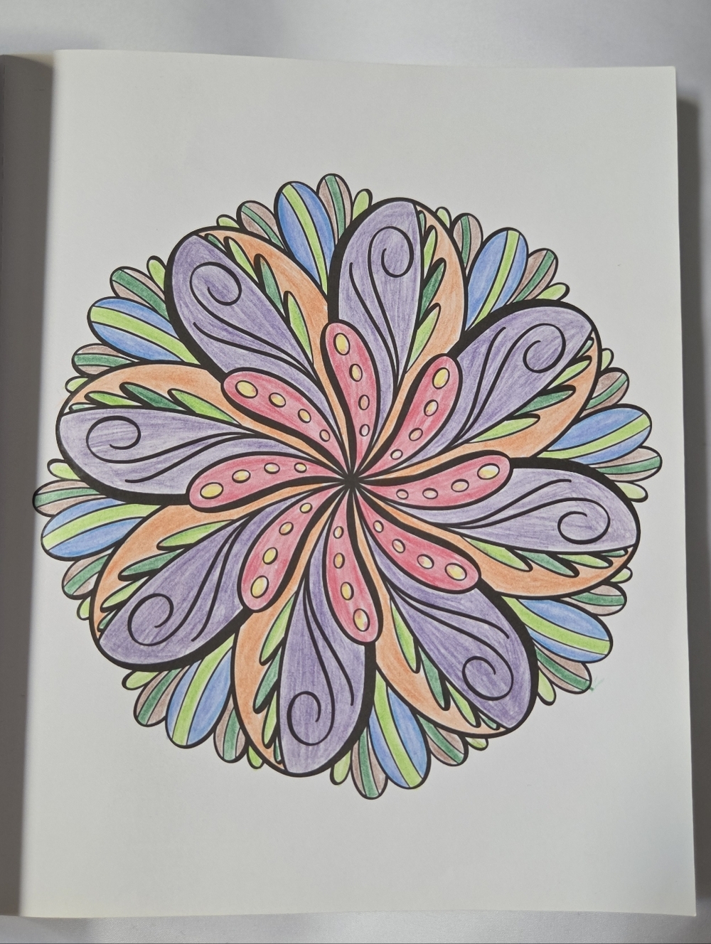 Hand-Colored Floral Mandala Page in Purple, Pink, Green, Blue, Orange